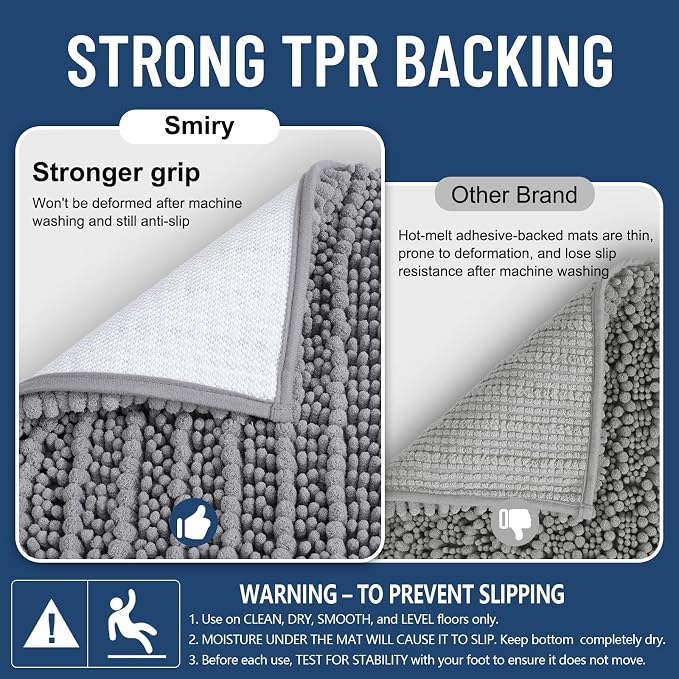 Smiry Bathroom Rugs 30X20, Extra Soft Rubber Backing Chenille Bath Mats | Grey Machine Washable Non Slip Quick Dry Bath Mats for Bathroom Floor, Tub, Shower, Home Decor Accessories