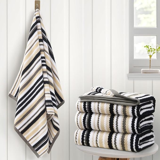 VOOVA & MOVAS Bath Towels 4 Pack, 100% Cotton, 28x52 in, Black Striped | Perfect for Daily Shower Use, Lightweight, Super Soft, Highly Absorbent, Quick Dry, Bath Towels with Hanging Loops