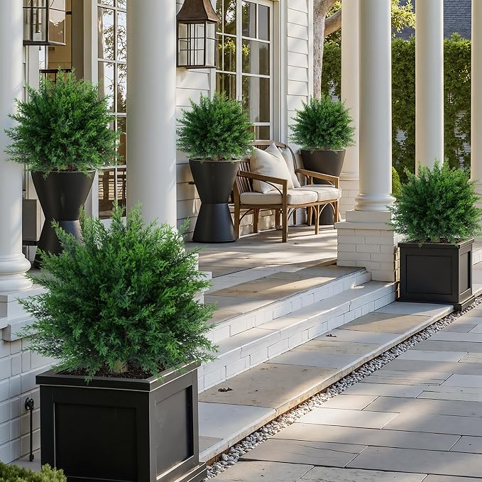 Artificial Cedar Topiary Trees for Outdoors, 2 Pack Fake Plants for Outdoor Indoor Artificial Shrubs with Ground Spike UV Resistant Fake Bushes for Front Porch Garden