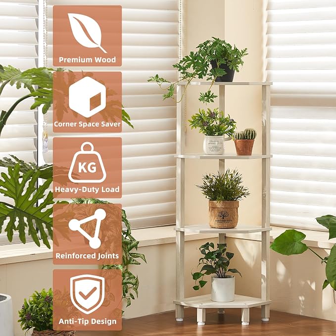 YUFAM 4-Tier Corner Shelf, Grey White | Wooden Corner Bookshelf for Small Spaces, Corner Standing Shelf with Sturdy 5-Leg Base