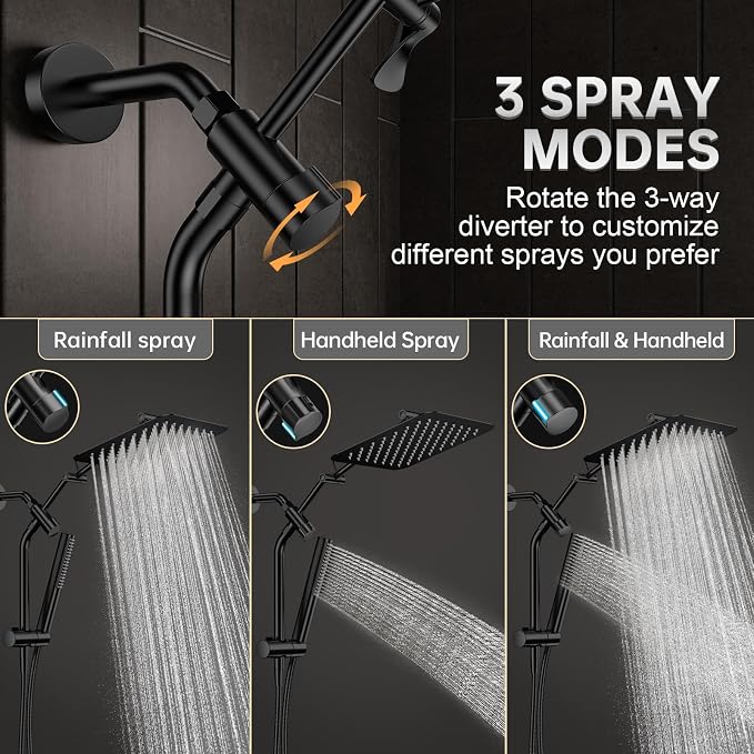Veken All Metal 10" Luxurious Rain Shower Head with Handheld Spray,Square | Best Dual High Pressure Shower Heads Combo,Double Detachable Showerhead, Adjustable Rainfall,Bathroom Accessories,Matte Black