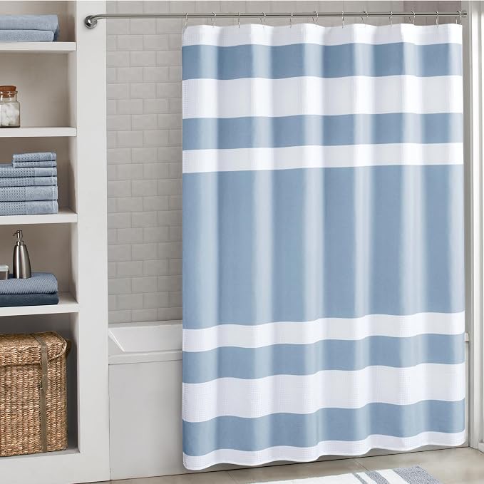 Madison Park Spa Waffle Weave Extra Long Shower Curtain, 72 x 84, Blue | Striped, Pieced Fabric Design, 3M Scotchgard Moisture Management, Hotel Quality, Modern, for Bathroom, OEKO-TEX Certified