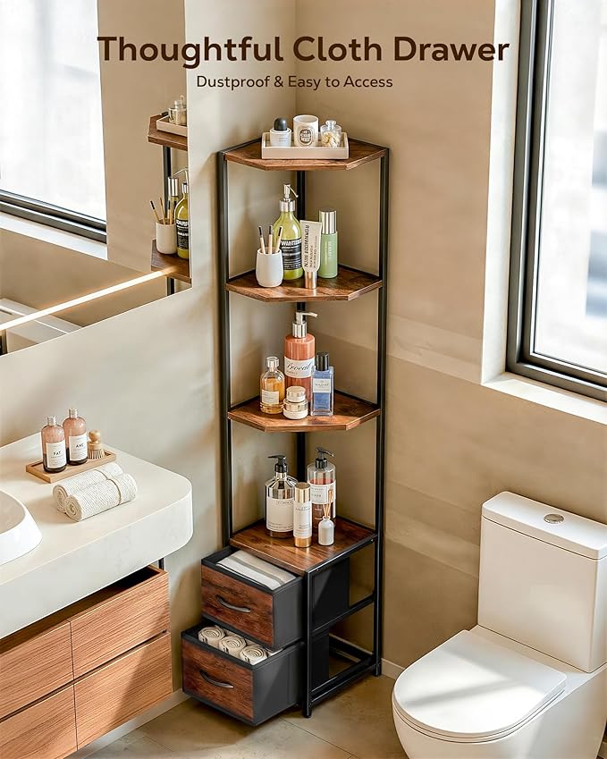 Housolution 6 Tier Corner Shelf Stand with Storage and Fabric Drawers,Brown | 63.4'' Tall Narrow Corner Bookshelf, Freestanding Corners Storage Shelf for Living Room Bedroom Small Space
