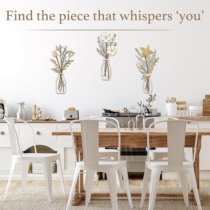 3 Piece Metal Flower Wall Art for Bedroom Living Room Rustic Farmhouse Floral Wall Decor for Bathroom Dining Room Boho Home Decorations Modern Minimalism Walls Hanging Sculptures(Gold Yellow White)