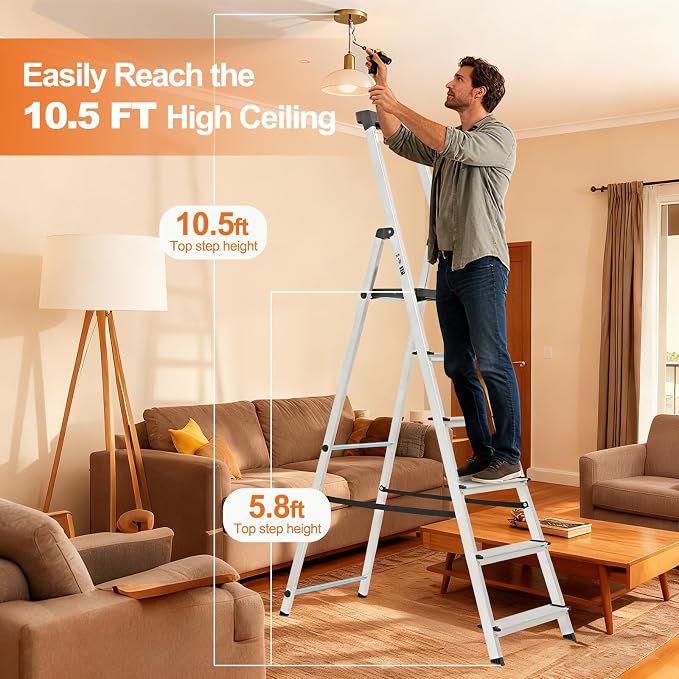 Sweetcrispy 6 Step Ladder, Folding Aluminum Step Stool, 330lbs | Stepping Stool with Anti-Slip Wide Pedal, Tool Tray, Aluminum Ladders, Safety Household Ladder for Home Kitchen Outdoor