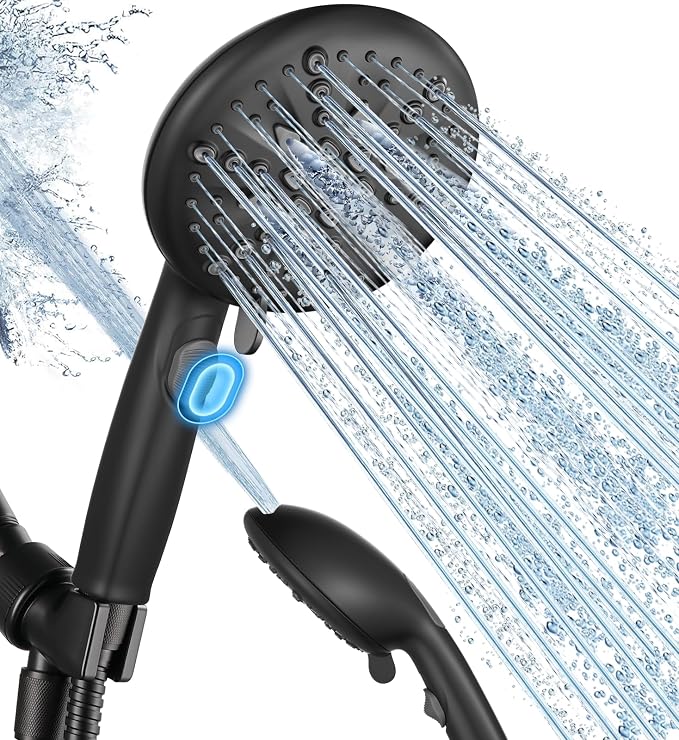 Cobbe 9 Spray Modes Handheld Shower Head, Water-Saving, Matte Black | Power Rinse, 1-Click Pause & Flow Control, 6ft Stainless Steel Hose, Adjustable Brass Bracket