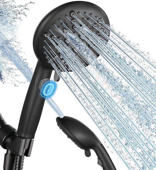 Cobbe 9 Spray Modes Handheld Shower Head, Water-Saving, Matte Black | Power Rinse, 1-Click Pause & Flow Control, 6ft Stainless Steel Hose, Adjustable Brass Bracket