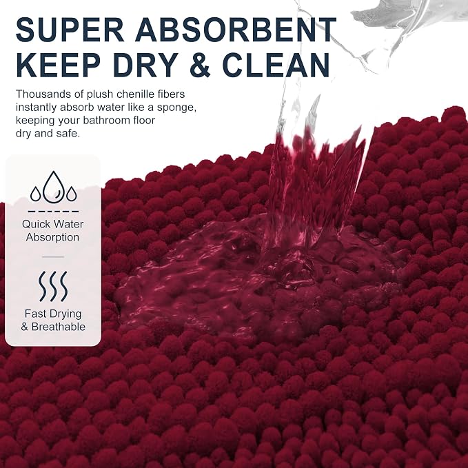 Smiry Thick Chenille Toilet Rugs U-Shaped 24x20, Soft Bath Mat, Burgundy | Absorbent Striped Contour Bathroom Rugs, Machine Washable, Dry Quickly, Non‑Slip, Modern Home Decor Accessories