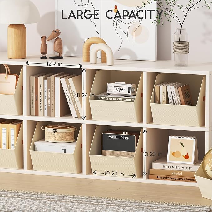 Large Closet Storage Cubes - Closet Storage Bins with Dual Handles for Clothes, Towels, Toys, Shelf Organizer Bins for Bedroom, Nursery, Shelves, Small Spaces, Beige, 3 Pack