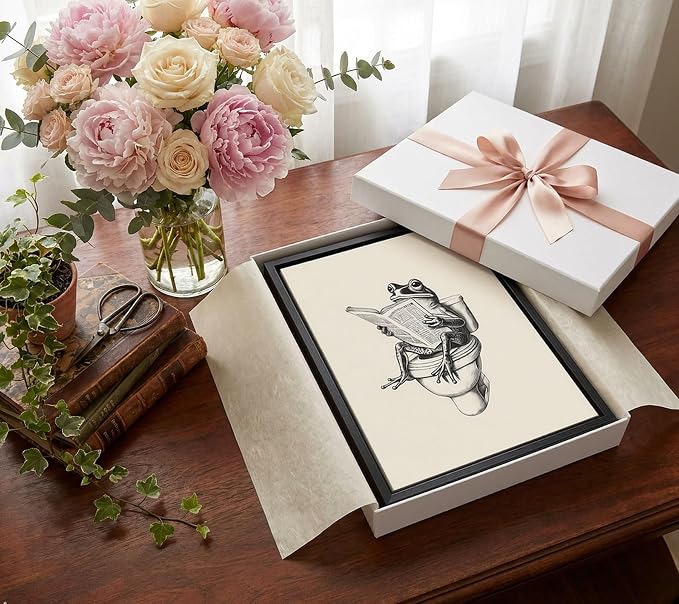 Black Floating Framed Funny Frog Bathroom Canvas Wall Art Humor Animal Painting Picture Wall Decor Frog on Toilet Reading Newspaper Poster Print Artwork for Bathroom Washroom Home Decoration 12x16in