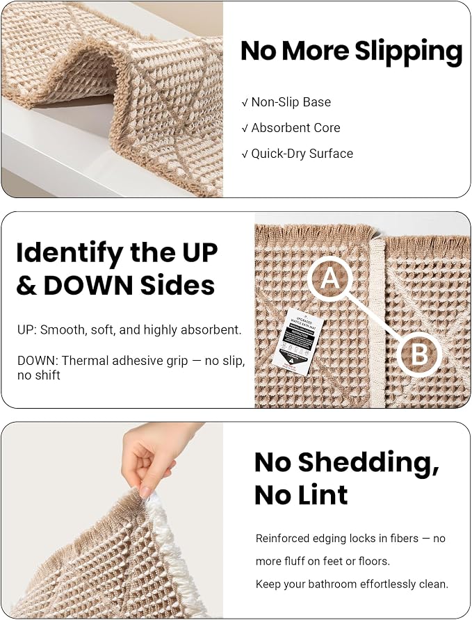 Furicher Waffle Bath Mat Set, Non Slip Bathroom Rugs 2 Piece, Brown & White | Ultra Absorbent Long Bath Rug Runner for Bathroom Boho Chic Decor, Machine Washable Floor Mats, 20"×47" Plus 18"×30"