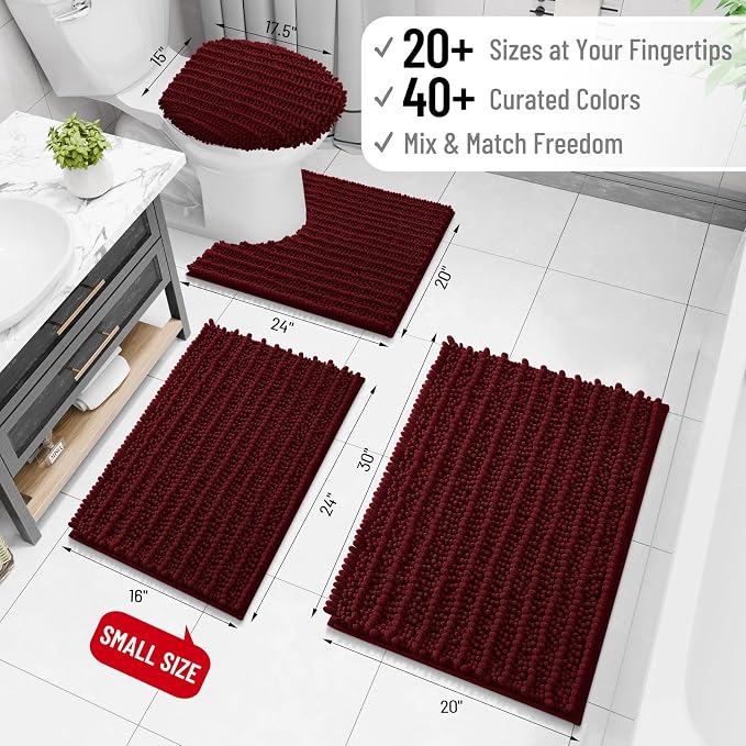 Arotive Toilet Rugs U-Shaped 24x20, Soft Absorbent Chenille Shaggy Bath Mat | Burgundy, Machine Wash Dry, Bath Rugs for Bathroom Floor, Tub and Shower, Home Decor Accessories