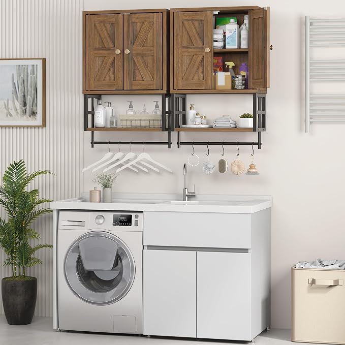 Bathroom Wall Cabinet, Farmhouse Medicine Storage with Towel Bar, Walnut | 2 Doors & Adjustable Shelves 5 Hooks, 3-Tier for Over-Toilet, Laundry, Living, Bedroom, Kitchen, Space Saving