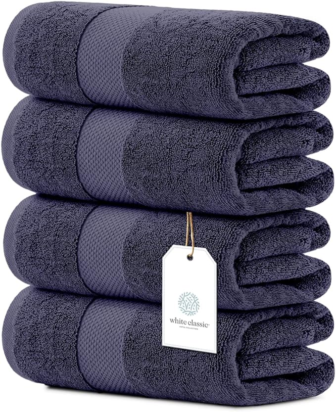 White Classic Luxury Bath Towels Set of 4 Large - 700 GSM Cotton Ultra Soft Bath Towels 27x54 | Highly Absorbent and Quick Dry | Hotel Towels for Bathroom Luxury, Plush Shower Towels, Navy