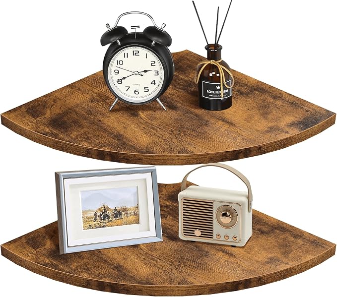 Corner Shelf Wall Mount, 12 Inch Wood Floating Corner Shelves with Cord Hole, Set of 2 Large Corner Hanging Shelves for Bathroom Bedroom Kitchen, Rustic Brown