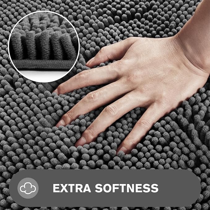 Gray Bathroom Rugs – Absorbent and Washable Bath Mat, Non-Slip, Thick Soft Chenille Bath Rugs for Bathroom Floor, Shower, Sink - 17" x 24"
