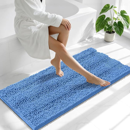 Smiry Thick Chenille Bathroom Runner Rugs 47x20, Bath Mat, Cornflower Blue | Quick‑Dry & Machine Washable, Non‑Slip Bath Carpet, Soft Striped Bath Rugs for Tub & Shower, Modern Home Decor Accessories