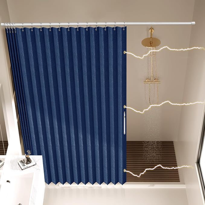 AJAZZ Magnetic Folding Shower Curtains Fabric Polyester Material Waterproof Shower Curtain Suitable for Family Hotel Homestay (Dark Blue,77" W x 78" L) 1 Panel