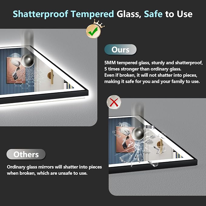 50x40 Black LED Bathroom Mirror, Backlit & Front Lit Lighted Mirror | Metal Framed Anti-Fog Vanity Mirror with Lights, 3 Color Dimmable, Memory, HD Tempered Glass, CRI95, UL Listed, Wall Mounted