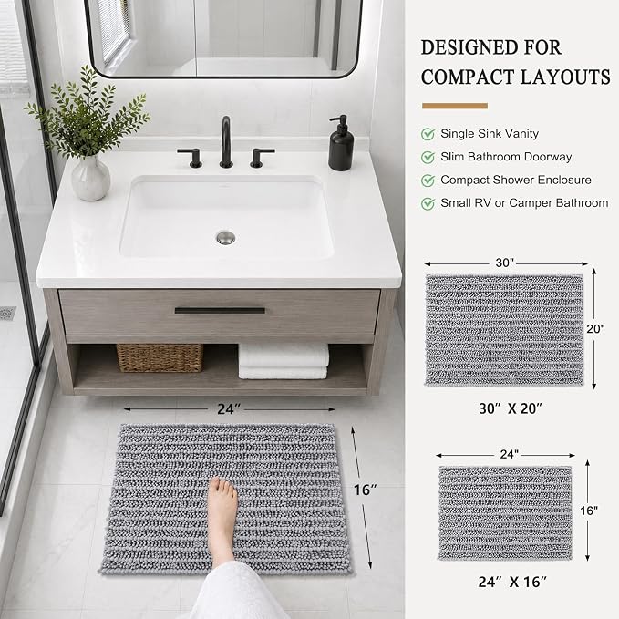 Arotive Bathroom Rugs Mat 24x16, Soft Absorbent Chenille Shaggy Bath Mat | Grey, Machine Wash Dry, Bath Rugs for Bathroom Floor, Tub and Shower, Home Decor Accessories