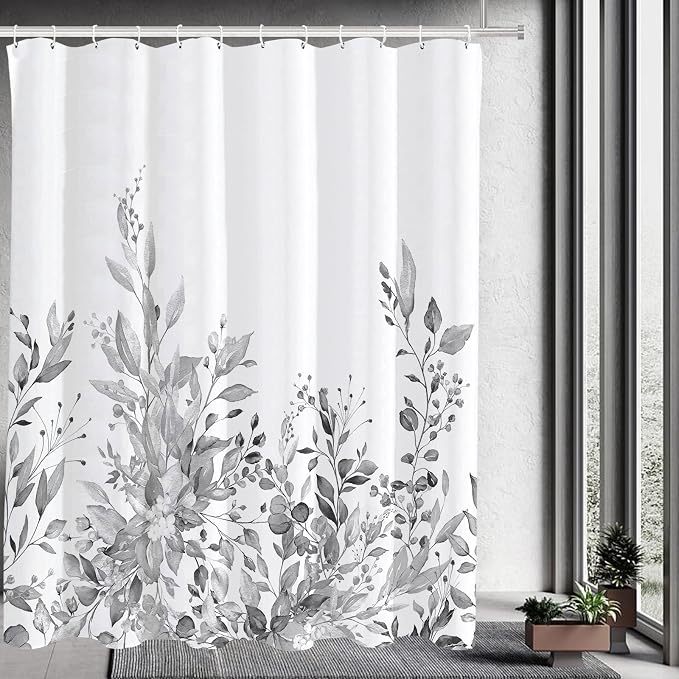 Tititex Light Grey Eucalyptus Shower Curtain, Watercolor Bright Gray Leaves Plant with Floral Bathroom Decoration Shower Curtain Sets 71x71 Inch with Hooks