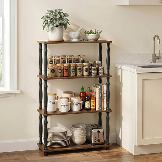 Furinno Turn-N-Tube Storage Shelves, 4-Tier Open Frame Book Shelf, Standing Corner Shelf, Toolless Open Shelves, Classic Tubes, for Organization and Storage, Living Room, Home Office, Amber Pine