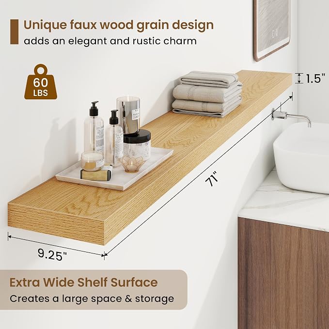 72in Floating Shelves for Wall, 72"W x 9.25"D x 1.5"H, Oak, 2Pcs | Long Wall Mounted Engineered Wood Shelves with Invisible Brackets for Living Room, Bedroom, Bathroom, Kitchen, 9.25in Depth