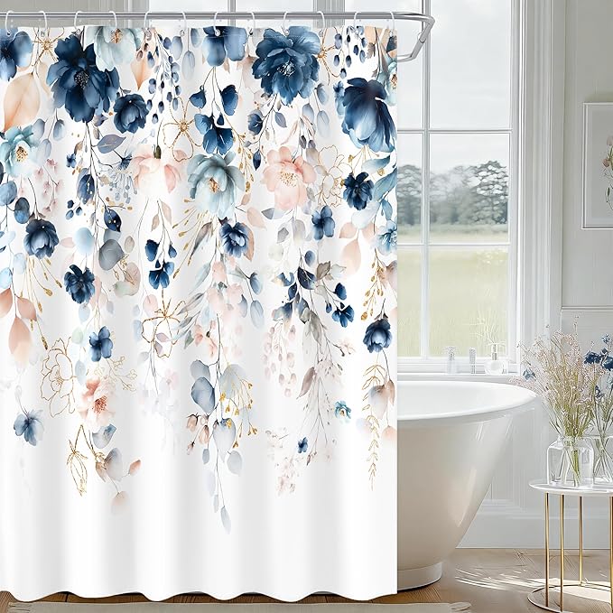 Small Stall Flower Blue Pink Spring Bathroom Shower Curtain Set | 54"W x 78"L Floral Wilfflower design with waterproof HD artwork, quick-dry fabric and hooks for easy hanging.