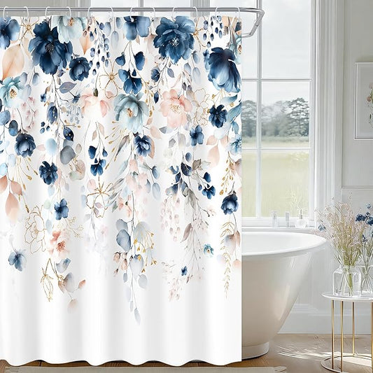 Small Stall Flower Blue Pink Spring Bathroom Shower Curtain Set | 54"W x 78"L Floral Wilfflower design with waterproof HD artwork, quick-dry fabric and hooks for easy hanging.