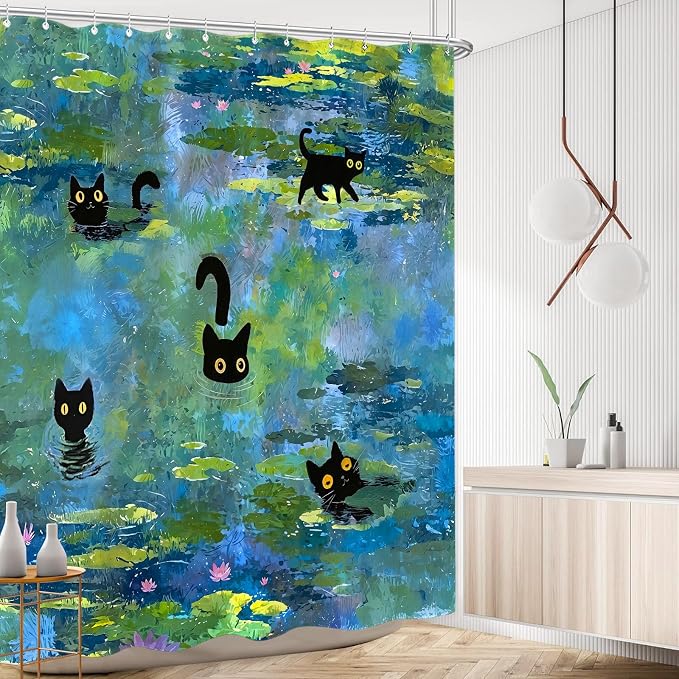 Accnicc Cute Cat Shower Curtain 78 Inch Long Funny Fun Cool Cats Monet Shower Curtains for Bathroom Water Lilies Waterproof Fabric Bath Curtain Decor