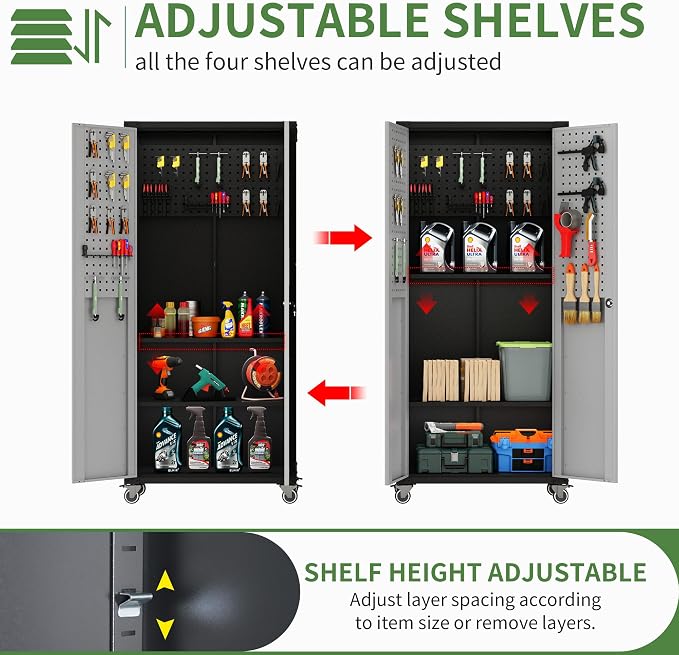 Garage Storage Cabinet System,Wall Cabinet & Locking Rolling Tool Cabinet with Doors and Adjustable Shelves