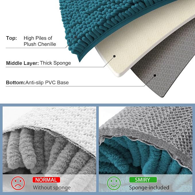 Smiry Bathroom Rugs 24X16, Luxury Chenille Extra Soft Absorbent Bath Mat | Lake Blue, Machine Washable Non-Slip Plush Bath Mats for Bathroom, Tub, Shower, and Floor, Home Decor