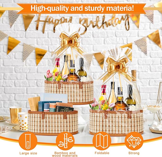 Orchidleaf 8 Set Baskets for Gifts Empty, Woven Bamboo gift baskets empty | Cellophane Wrap for Gift Baskets Empty Gift Baskets to Fill for Baby Baptisms, Mother's Day, Christmas, Housewarming