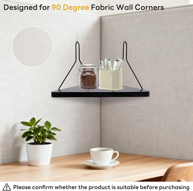 Fabric Wall Cubicle Corner Shelf with Hooks 11.8 Inch Wooden Triangular Cubicle Corner Shelf for Office Fabric Walls Display Storage Hanging Organizer for Work Decor Small Planter(Black，1 PCS)