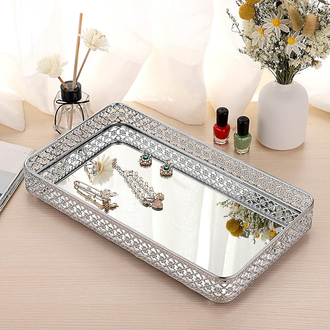 ELLDOO Silver Mirror Glass Perfume & Makeup Vanity Tray, Large Size | Hollow-Carved Jewelry Storage, Metal Trinket Organizer for Dresser Bathroom Countertop Home Decor