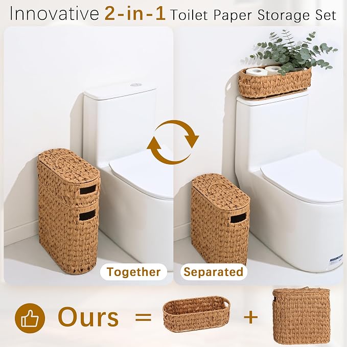 Livole 2-in-1 Wicker Toilet Paper Storage Basket with Lid, Natural | Holds Up 16 Regular Rolls, Slim Hand-Woven Plastic Rattan Waterproof Toilet Paper Organizer for Bathroom