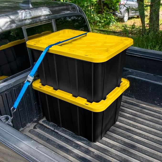 Sterilite Industrial Storage Tote with Lids for Garage, 27 Gallon, 12-Pack | Heavy-Duty and Stackable Utility Box Containers for Home, Office, and Basement Organization, Black/Yellow
