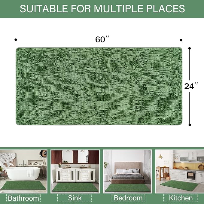 LOCHAS Luxury Bathroom Rug Shaggy Bath Mat 24 x 60 Inch, Green | Washable Non Slip Bath Rugs for Bathroom Shower, Soft Plush Chenille Absorbent Carpets