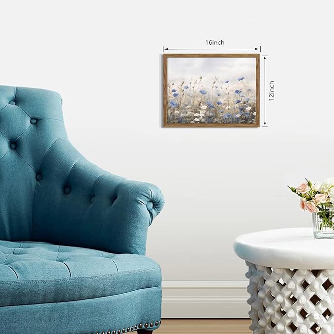 Vintage Floral Wall Art, Blue White Wildflower Botanical Canvas Wall Decor, Nature Landscape Artwork Painting, Rustic Farmhouse Flower Prints Pictures for Bedroom Living Room 12x16 Inch Framed