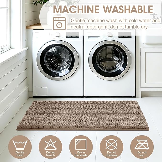 Striped Dark Beige Toilet Bathroom Rug Mat Set 2 piece Rug Ultra Soft, Non Slip Chenille Bath Rugs, Absorbent Plush Shaggy Bath Mats for Bathroom, Bedroom, Kitchen, Shower, Tub,Taupe