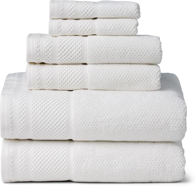Texere 100% Organic Cotton Rice Weave Jacquard 700 GSM Luxury Bath Towel Sets, Soft and Absorbent Hotel Quality, Bath Towels, Hand Towels, Washcloths (Rice Weave, Bright White, 6 Piece)