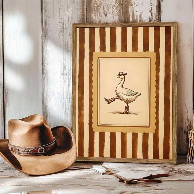 Funny Cowboy Goose Wall Art Silly Western Dancing Goose Wall Decor Painting, Whimsical Cute Stripe Animal Poster Canvas Print Picture for Living Room Bedroom 16x24 inch Wood Framed