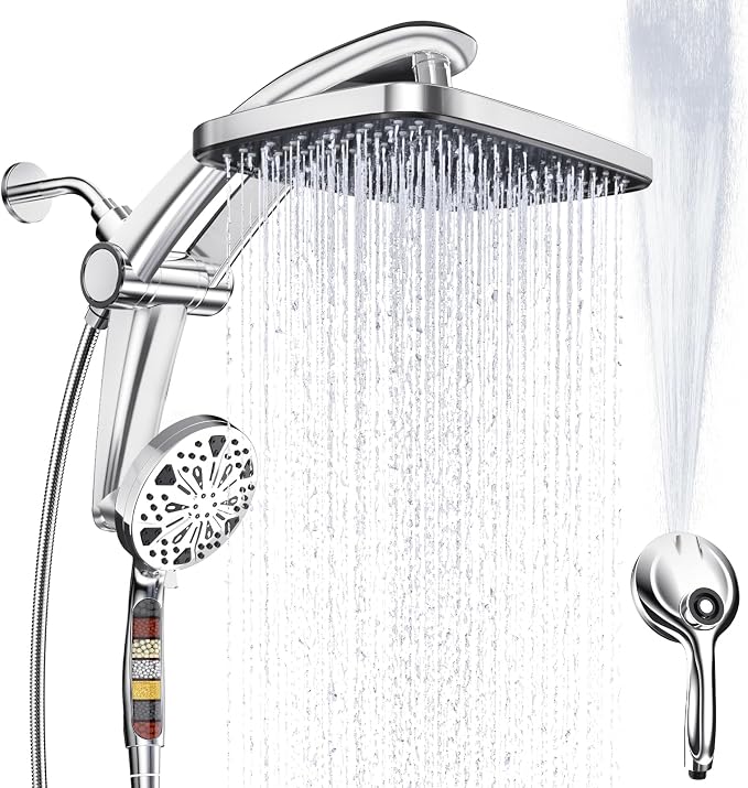 Rain Shower Head with filtered Handheld High Pressure rainfall Shower Heads with Handheld Spray Combo Adjustable one-piece stand daul shower head Built-in Magnetic Docking and Power Jets | Dual shower heads; one-piece bracket adjusts height and angle; ...