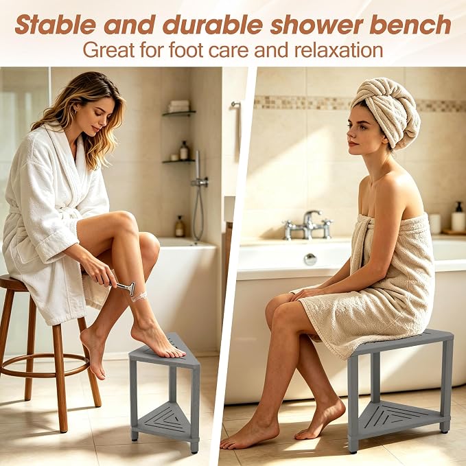 Corner Shower Stool with Storage Shelf, HDPS Waterproof Shower Foot Rest for Shaving Legs, 2-Tier Triangle Bathroom Stool for Inside Shower, Non-Slip Small Shower Bench, Gray