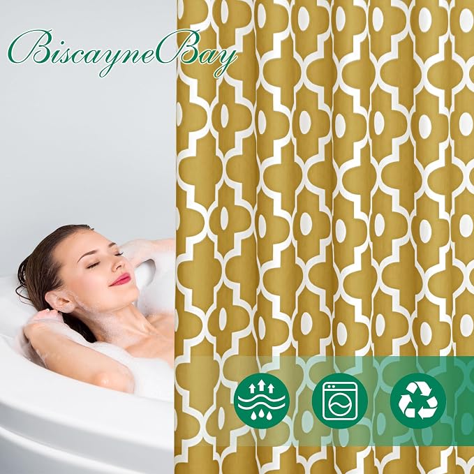 Biscaynebay Extra Long Textured Fabric Shower Curtains 72" W x 84" L, Gold Morocco Pearl Printed Hotel Spa Luxury Decorative Bathroom Curtain Machine Washable