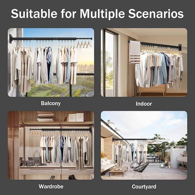 Wall Mounted Foldable Clothes Drying Rack, Heavy Duty 3-Fold Laundry Airer with Ring Hook Design, Space Saving Aluminum Rack for Balcony Bathroom Laundry Room,Black Rings