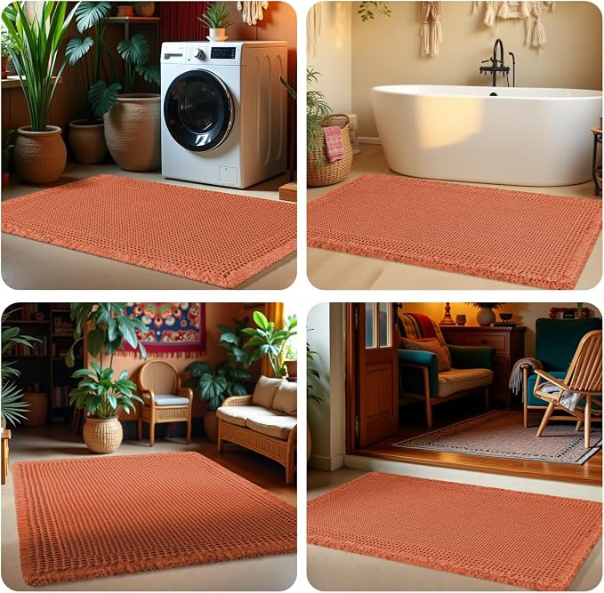 Extra Large Waffle Bath Mat, Boho Bathroom Rugs Absorbent Non Slip, Ultra Soft Bathroom Mat,Machine Washable Knit Bath Rug with Border for Bathroom,Bedroom,Kitchen,Shower, 6'x2', Burnt Orange