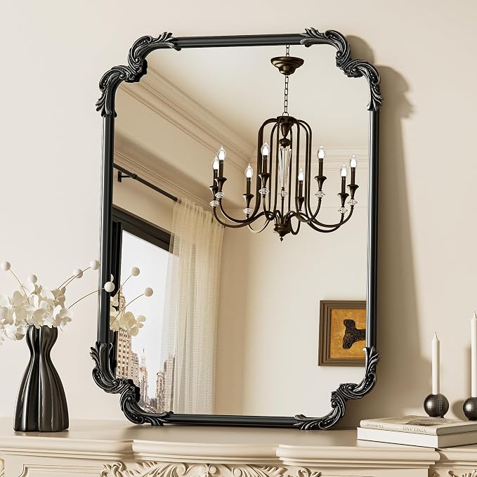 Antique Black Rectangle Mirror for Mantle Fireplace 24 x 32 Baroque Vintage Ornate Scroll Wall Mirror with Metal Frame for Traditional Victorian French Decor, Horizontal/Vertical
