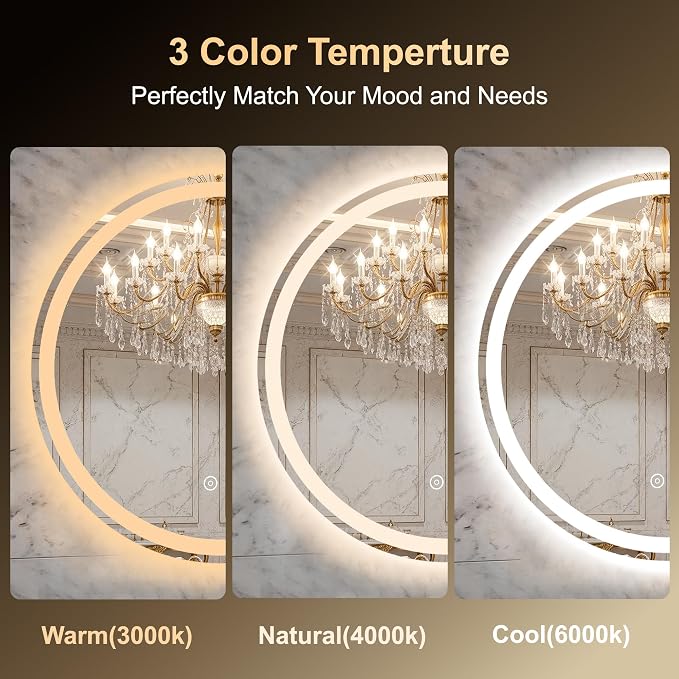 30 Inch Round LED Bathroom Mirror with Lights, Circle Lighted Vanity Mirror | Smart Anti-Fog, Dimmable 3 Color Modes, Backlit+Frontlit, Memory Function, HD Tempered Glass, Touch Sensor