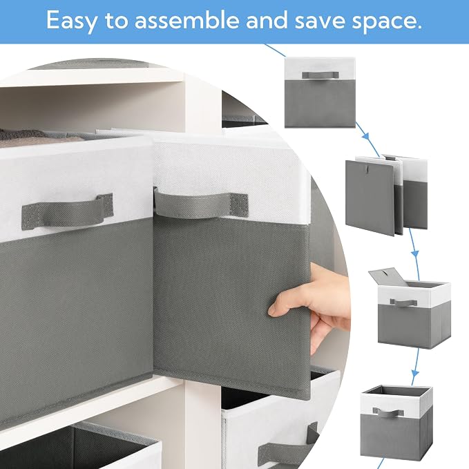 Cupic Cupid 6-Pack 11x11 Storage Cube, Fabric Storage Cubes, Gray and White | Foldable, Reinforced Front Handle, Holds Blankets, Towels, Linens and More, Fits Shelves, Closet, Bedroom, Dorm